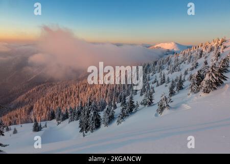 beautiful winter sunset over snowy alpine mountain with windy orange clouds, Marmarosy, the Carpathian mountains Stock Photo