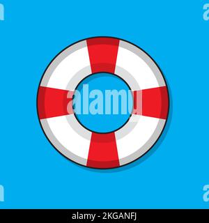Cartoon illustration of a red and white beach lifebuoy, on a blue background. Stock Vector