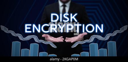 Text caption presenting Disk Encryption. Word for the security mechanism used to protect data at rest Stock Photo