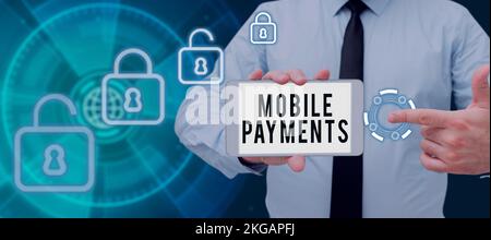 Inspiration showing sign Mobile Payments. Business overview money paid for a product through a electronic device Stock Photo