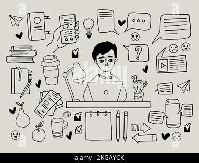 Set doodles business and work. Man at table with laptop, communication and online messages, face emotion and phone with correspondence, books, papers Stock Vector