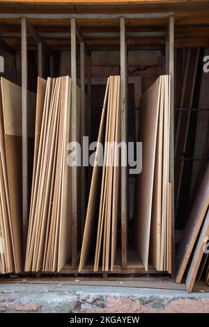 Large rectanguler wood panels stacked up together in display Stock Photo