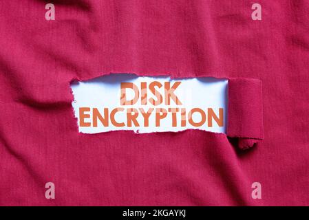 Conceptual display Disk Encryption. Business idea the security mechanism used to protect data at rest Stock Photo