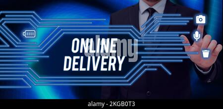 Text caption presenting Online Delivery. Concept meaning the act or manner of delivering something through the net Stock Photo