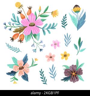 Set of colorful doodle floral compositions and elements in watercolor style for decor, greeting cards, invitations Stock Vector