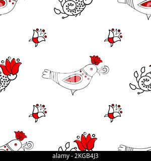 DECOR BIRD Folk Ethnic Doodle Ornament Holiday Cartoon Seamless Pattern Vector Illustration For Print Stock Vector