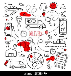 DELIVERY Services Big Collection Symbols Fast Order By Smartphone In Hand One Click Short Time Transportation To Place Of Destination Vector Monochrom Stock Vector