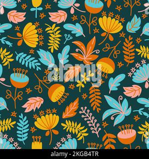DINO BACKGROUND Floral Grunge Prehistoric Cartoon Hand Drawn Seamless Pattern Vector Illustration For Print Stock Vector