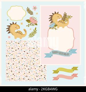 DINO CARD MAKER Floral Flower Hand Drawn Flat Style Seamless Pattern Frame Ribbon Vector Illustration Set For Creating Greeting Cards And Printing Stock Vector