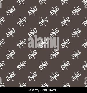 DRAGONFLY PRINT Cute White Insect With On Brown Background Cartoon Abstract Nature Hand Drawn Seamless Pattern Vector Illustration Stock Vector