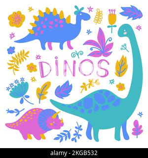 DINOSAURS Prehistoric Animals And Floristic Plants In Hand Drawn Flat Design Cartoon Elements Cute Colorful Vector Illustration Collection For Print Stock Vector