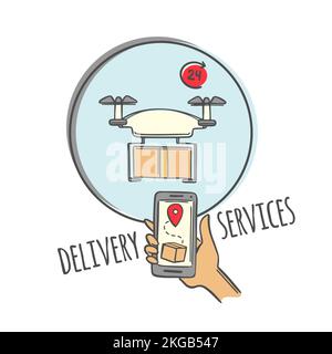 DRONE DELIVER Fast Transportation Goods By Smartphone In Hand In Short Time In One Click To Place Of Destination Vector Illustration And Text Stock Vector