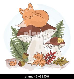 DREAMING FOX Cartoon Forest Sleeping Animal Vector Illustration Set For Print Stock Vector
