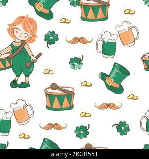 DRUM AND HAT Saint Patrick Day Cartoon Seamless Pattern Vector Illustration For Print Stock Vector