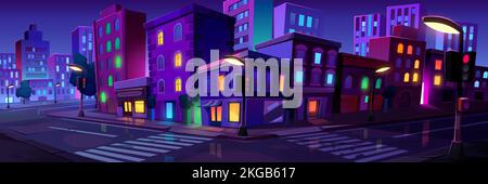 City crossroad at night time, empty transport intersection with zebra crossing, glowing street lamps. Urban architecture, infrastructure, megapolis with modern buildings, Cartoon vector illustration Stock Vector