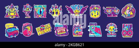 Retro colorful stickers, rave psychedelic icons with mushrooms, vintage cassette, pager, dinosaur, burger and infinity sign. Comic patches, vector cartoon set isolated on background Stock Vector