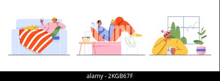 Relaxed people drinking tea and wine, having rest at home. Set of happy flat characters lying on sofa, sitting by window, enjoying hot drink or glass of cocktail. Hygge time. Vector illustration Stock Vector