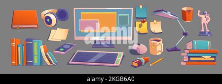 Set of workplace objects computer monitor, keyboard, mouse, smartphone, books and headphones. Sticky notes, coffee cup, pencil and chocolate bar, Cartoon linear vector illustration in retro colors Stock Vector
