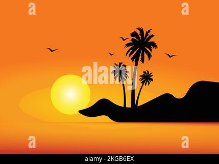 palm tree, sun, birds, and mountain victor landscape Stock Vector