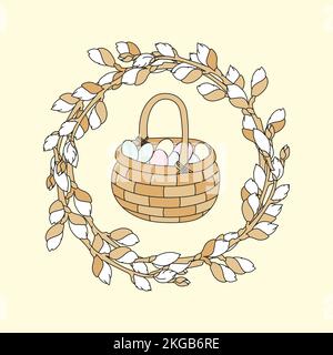 EASTER DREAM Willow Wreath Spring Great Religious Holy Holiday Cartoon Vector Illustration Set For Print Stock Vector