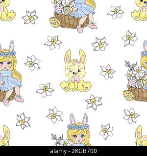 EASTER RABBIT Bloom Nature Season Spring Cartoon Seamless Pattern Vector Illustration For Print Stock Vector