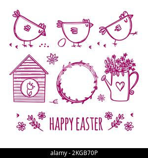 EASTER SKETCH Of The Spring Holiday With Cute Chickens And Flowers In Red Color On A White Background Cartoon Hand Drawn Vector Illustration Set For P Stock Vector