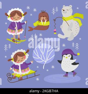 ESKIMO WALRUS Alaska Winter Cartoon Comic Funny Animal Flat Design Holiday Hand Drawn Vector Illustration Set For Print Stock Vector