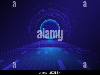 Abstract sphere and circuit board on perspective grid technology background. Stock Vector