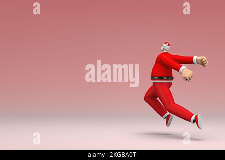 A man wearing Santa Claus costume is jumping. 3d rendering of cartoon character in acting. Stock Photo