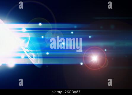 Data in transmission. A black background with a neon blue design upon it. Stock Photo
