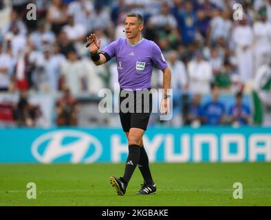 Lusail, Qatar. 22nd Nov, 2022. Soccer: World Cup, Argentina - Saudi Arabia, preliminary round, Group C, Matchday 1, Lusail Iconic Stadium, referee Slavko Vincic gesticulates. Credit: Robert Michael/dpa/Alamy Live News Stock Photo