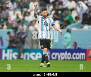 Lusail, Qatar. 22nd Nov, 2022. Soccer: World Cup, Argentina - Saudi Arabia, preliminary round, Group C, Matchday 1, Lusail Iconic Stadium, Argentina's Lionel Messi gestures. Credit: Robert Michael/dpa/Alamy Live News Stock Photo