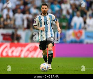 Lusail, Qatar. 22nd Nov, 2022. Soccer: World Cup, Argentina - Saudi Arabia, Preliminary round, Group C, Matchday 1, Lusail Iconic Stadium, Argentina's Lionel Messi plays the ball. Credit: Robert Michael/dpa/Alamy Live News Stock Photo