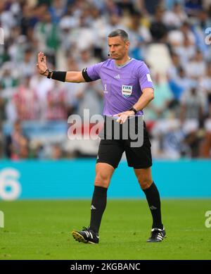 Lusail, Qatar. 22nd Nov, 2022. Soccer: World Cup, Argentina - Saudi Arabia, preliminary round, Group C, Matchday 1, Lusail Iconic Stadium, referee Slavko Vincic gesticulates. Credit: Robert Michael/dpa/Alamy Live News Stock Photo