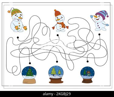 A puzzle game for kids, go through the maze. Cartoon Snowman Stock Vector