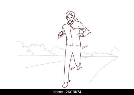 Stressed businessman running on road worried about meeting deadline. Anxious man feel in rush hurry or being late. Vector illustration.  Stock Vector