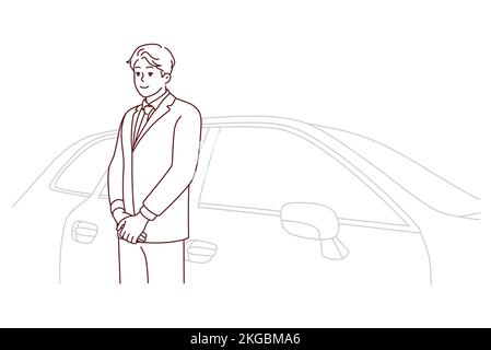Car driver in suit standing near car waiting for client. Chauffeur in formalwear working in luxury automobile company. Good quality service. Vector illustration. Stock Vector