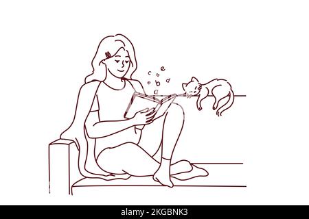 Happy young woman sit on sofa reading book with cat sleeping near. Calm relaxed girl rest on couch with novel enjoy weekend with pet. Vector illustration.  Stock Vector