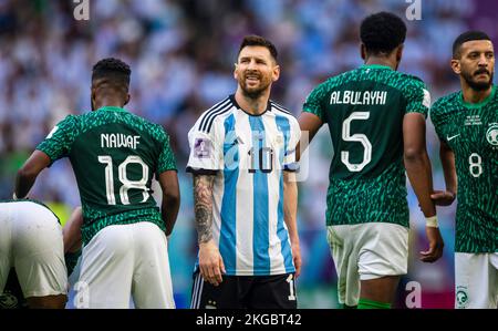 Doha, Qatar. 22nd Nov, 2022.  Saleh Al-Shehri (Saudi), Nawaf Al-Abed (Saudi), Lionel Messi (Arg), Ali Al-Bulayhi (Saudi), Abdulelah Al-Malki (Saudi) A Stock Photo