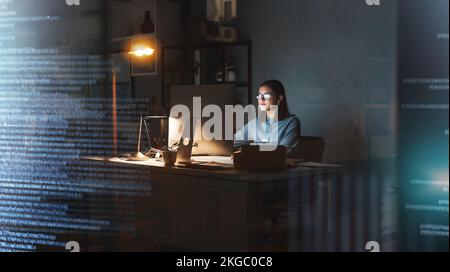 Business woman, computer or coding in night office for digital marketing web design, 3d database programming or digital transformation. Programmer Stock Photo