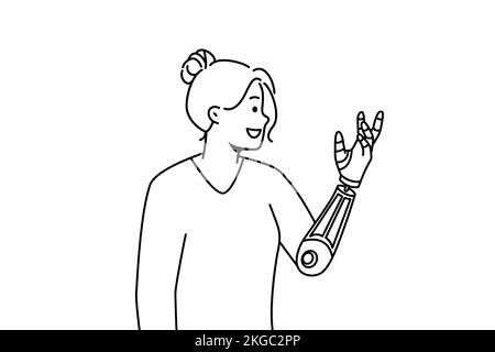 Smiling young woman with bionic arm. Happy female with prosthesis feeling optimistic. Disability and technology. Vector illustration.  Stock Vector
