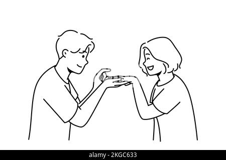 Loving man make proposal to excited woman. Caring happy male put engagement ring on smiling female finger. Marriage and relationship goal. Vector illustration.  Stock Vector