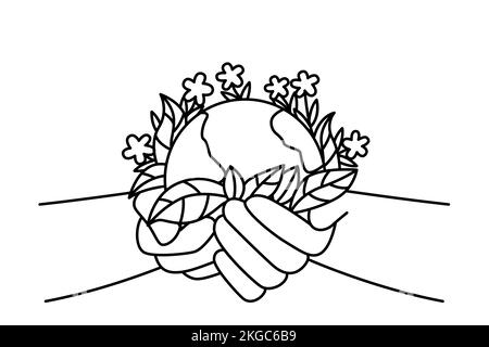 Person hands holding planet earth with blooming flowers. Activist or volunteer take care of environment. Nature protection concept. Vector illustration.  Stock Vector