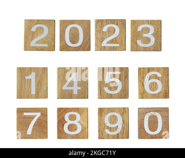 Wooden number blocks on white background with clipping path Stock Photo