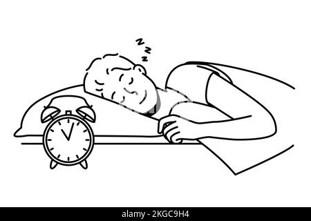 Happy guy lying in bed sleeping peacefully. Smiling calm young man relax nap in bedroom. Relaxation and daydreaming. Vector illustration. Stock Vector