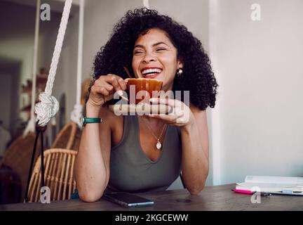 Black woman, coffee and smile for remote work, happy or relax at break or lunch at a cafe table. African American female, freelancer or entrepreneur Stock Photo