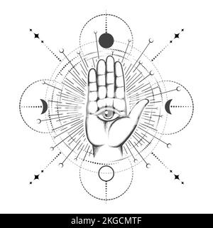 Esoteric Tattoo of Human Palm with All seeing Eye on Sacred Geometry Background. Vector illustration Stock Vector