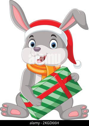 Cartoon rabbit wearing scarf and hat holding gift box Stock Vector