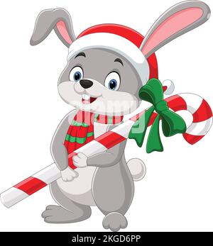 Cartoon rabbit wearing scarf and hat holding candy cane Stock Vector