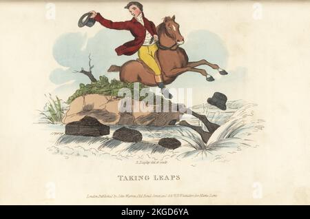 English gentleman Tom Takeall riding a horse by a river in red coat, waistcoat, buff trousers and riding boots. Another rider has fallen in, with only hind legs and a top hat visible. Taking Leaps. Handcoloured copperplate engraving drawn and engraved by Richard Dagley from Takings, or the Life of A Collegian, John Warren, London, 1821. Stock Photo